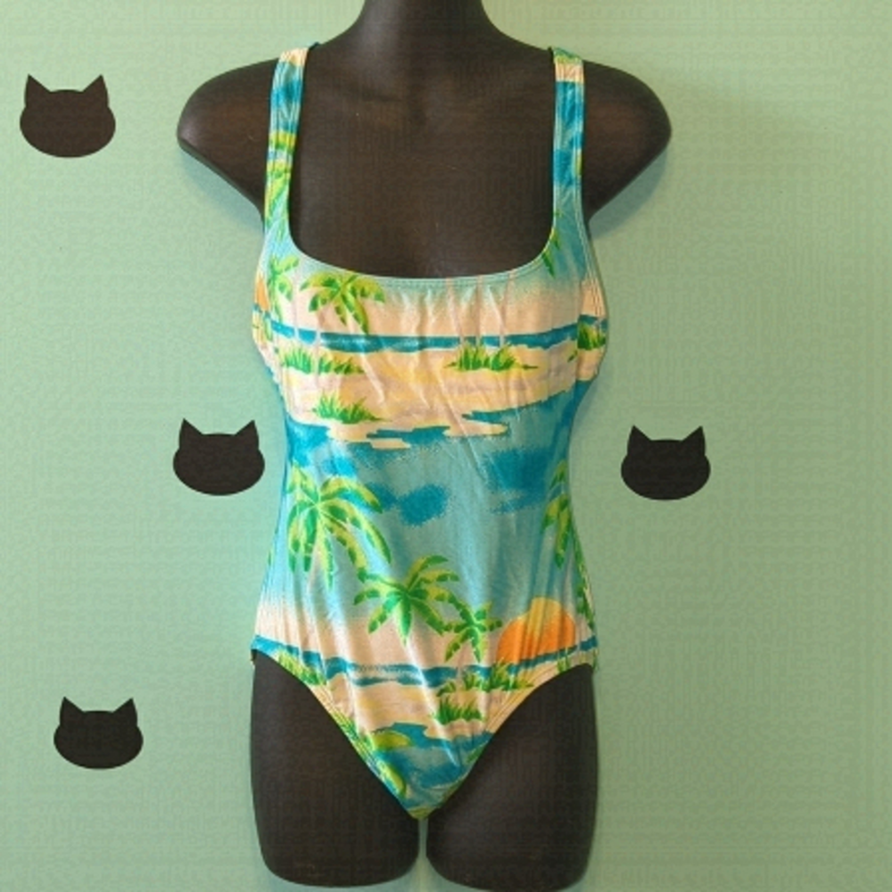𝅺Vintage 80s Bathing Suit Racerback Tropical Sunset Union Made 14